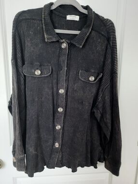 Zenana Washed Black Waffle Knit Shacket Size Large